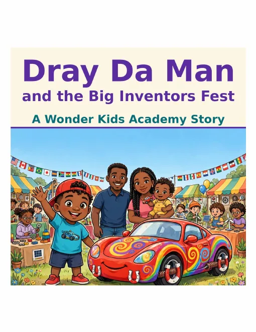 Dray Da Man and the Big Inventors Fest book cover — Draylan and his family beside the rainbow Zoom Car at an outdoor festival