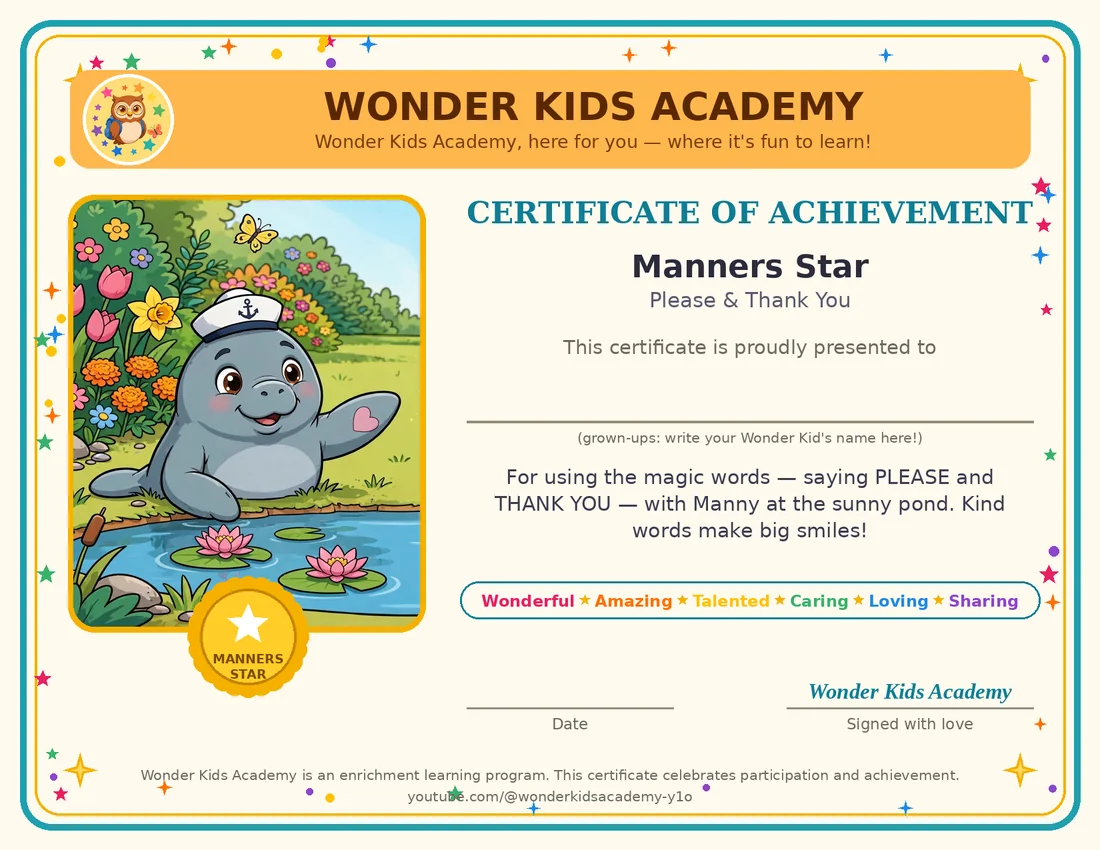 Manners Star certificate — Please and Thank You, with Manny the Manatee and Dot