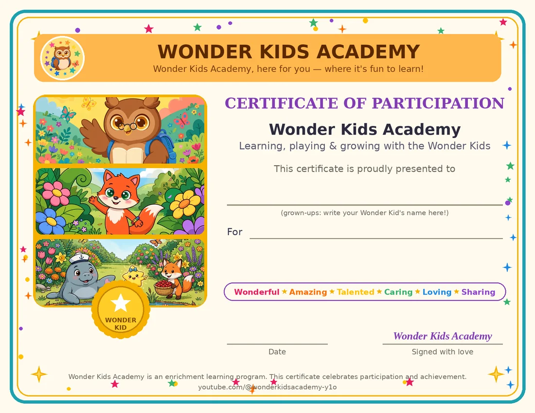 Certificate of Participation — Wonder Kids Academy, with Wally, Pippa, Manny, and Dot