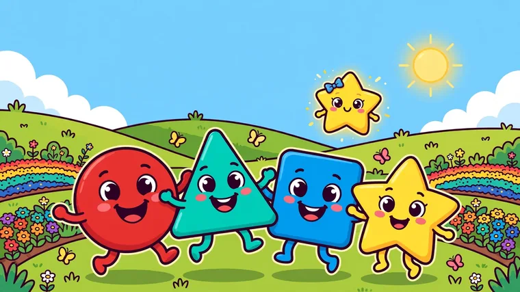 Dot, a glowing yellow star with a blue bow, twinkling in the sky above the Smiley Shape Friends in a rainbow garden