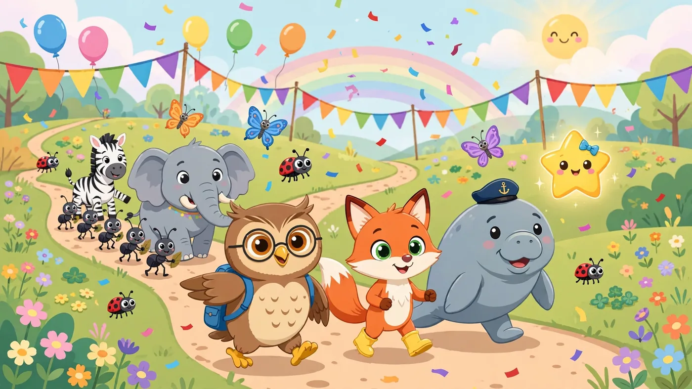 Wally the Owl, Pippa the Fox, Manny the Manatee, and Dot the star leading a joyful parade of animal friends under a rainbow