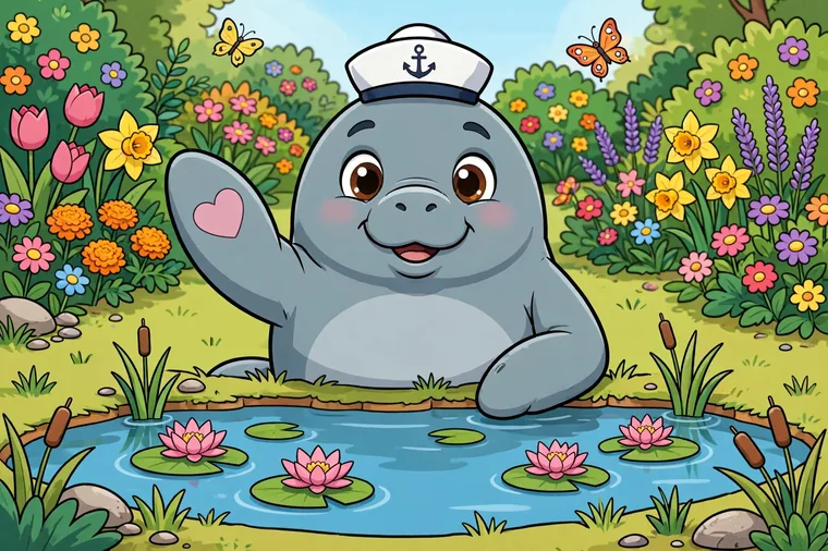 Manny the Manatee smiling by his pond, wearing a sailor cap with a heart spot on his flipper