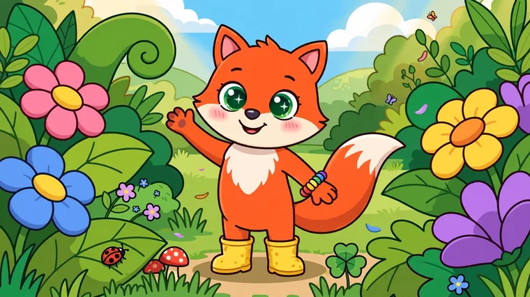 Pippa the Fox waving in a garden, wearing her yellow rain boots and counting bracelet