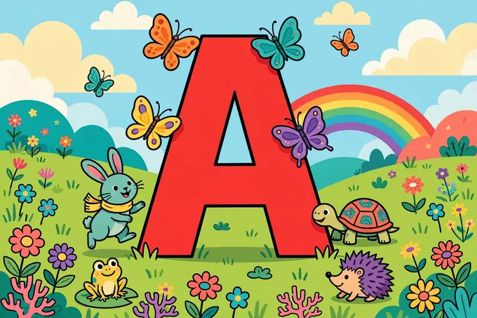 A giant letter A in a meadow with Wally the Owl and a butterfly
