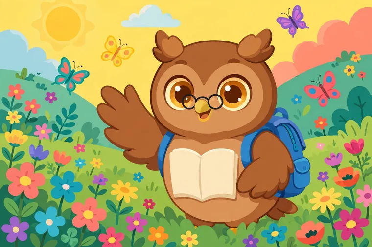 Wally the Owl waving hello in a sunny flower meadow, wearing round glasses and a blue backpack